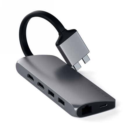 Satechi Type-C Dual Multimedia Adapter - aluminiowy adapter do MacBook z podwójnym USB-C (USB-C PD 60W, 2x USB-A, 2x HDMI 4K, czytnik kart micro/SD, E