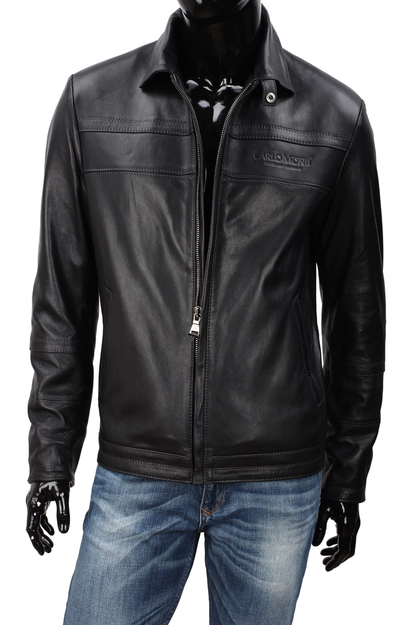 Black men's transitional leather jacket with collar - TMKM450