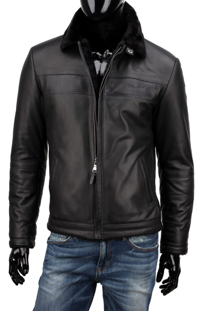 Black Men's Leather Pilot Jacket with Fur Collar - TMK450
