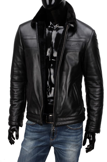 Men's Black Leather Pilot Jacket with Fur Collar - TMK451