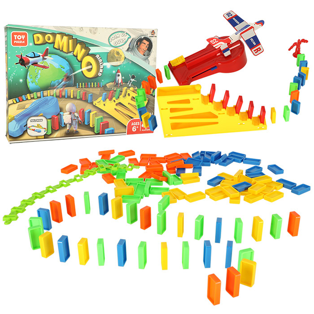 Gra edukacyjna domino klocki wyrzutnia samolot ze schodami i kulą zestaw