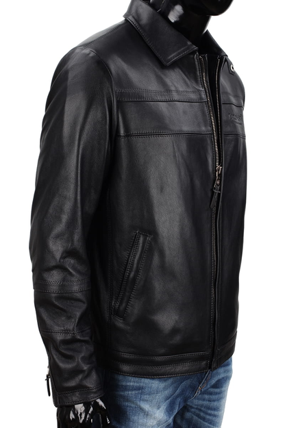 Black Men's Transitional Leather Jacket with Collar - TMKM450
