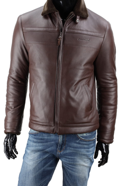 Brown pilot jacket with genuine fur collar made from natural leather - TMK124A_1