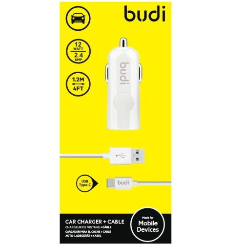 Budi - Ładowarka samochodowa USB + kabel USB-C (Biały)