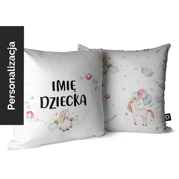 Children's Pillow MAGIC UNICORN Design D69 with Name | Magical Unicorn with Balloons and Rainbow