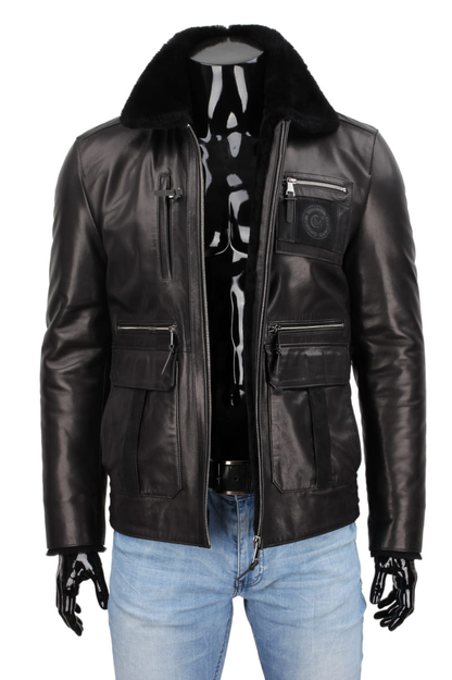 Black Men's Leather Aviator Jacket with Sheepskin Lining - PLT450