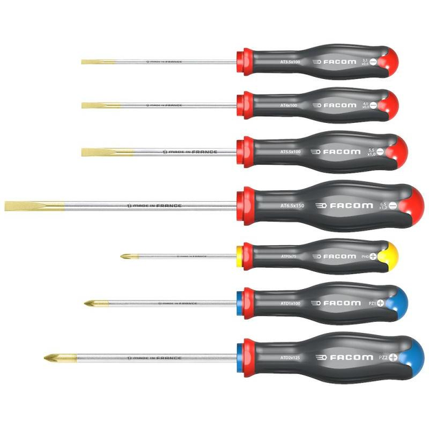 AT.9PB - A set of 9 Protwist® screwdrivers for slotted, Phillips®, and Pozidriv® screws, 2.5-5.5 mm, PH0-PH2, PZ1-PZ2.