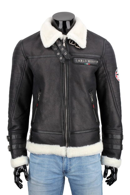 Warm men's leather pilot jacket with natural sheepskin - CMP001