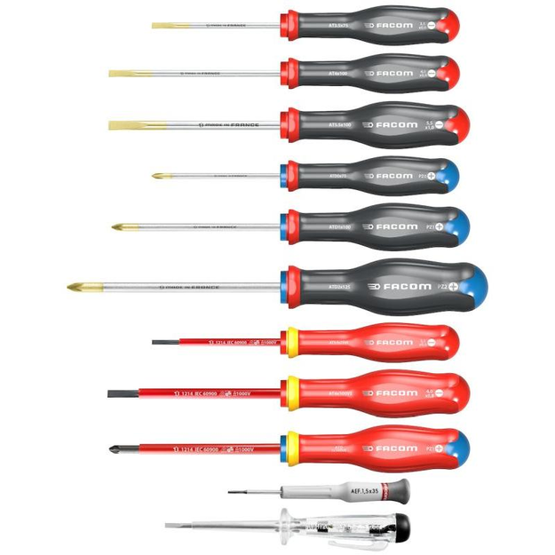AT.11PB - Set of 11 Protwist® screwdrivers for screws with grooves, Pozidriv® screws, insulated, Micro-Tech®, 1.5 - 5.5 mm, PZ0 - PZ2