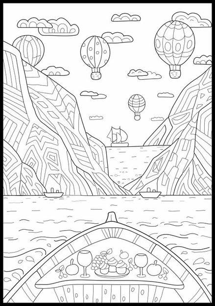 Coloring book sea mountains balloons