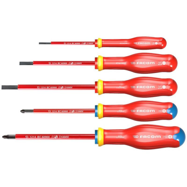 AT5VE.PB - Set of 5 insulated Protwist® 1000V screwdrivers for slotted and Pozidriv® screws, 2.5 - 5.5 mm, PZ1 - PZ2