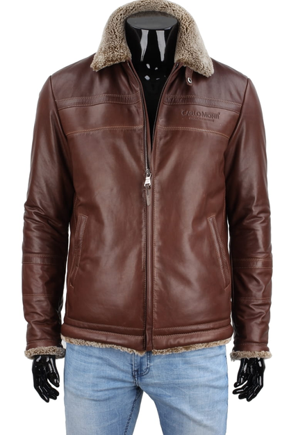 Warm men's leather aviator jacket in brown - TMK122A.