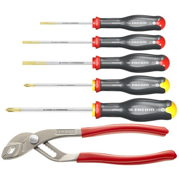 AT5.170PB - Set of 5 Protwist® Screwdrivers for Slotted and Phillips® Cross-Head Screws + Pliers, 3.5 - 5.5 mm, PH1 - PH2
