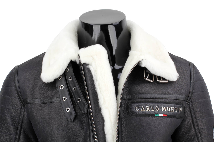 Black warm men's pilot jacket with natural sheepskin - CMP001K