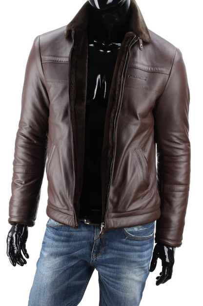 Brown pilot jacket with natural leather and fur collar - TMK124A_1