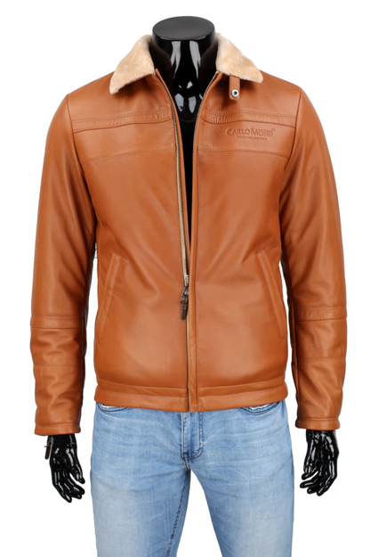 Men's leather pilot jacket in camel color - TMK088