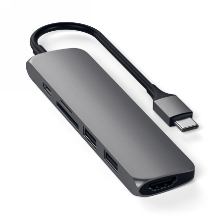 Satechi Aluminium Adapter Slim v2 - aluminiowy adapter podróżny do urządzeń mobilnych USB-C (USB-C, 2x USB-A, 4K HDMI, czytnik kart micro/SD) (space g