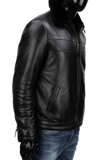 Men's pilot jacket in black leather with shearling - TMK451