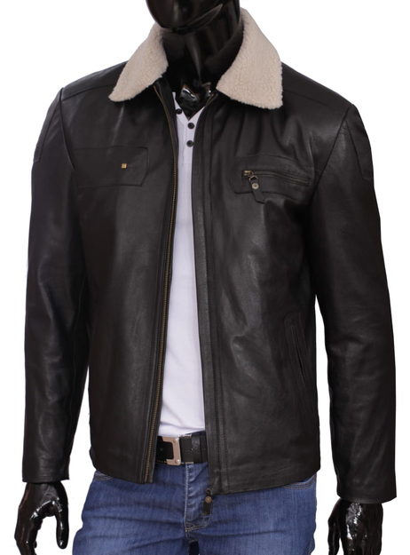 Men's leather pilot jacket with faux fur collar - KRZP950