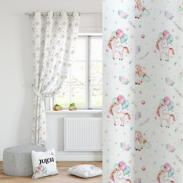 Curtain for children MAGIC UNICORN design D69 | magical unicorn with balloons and rainbow
