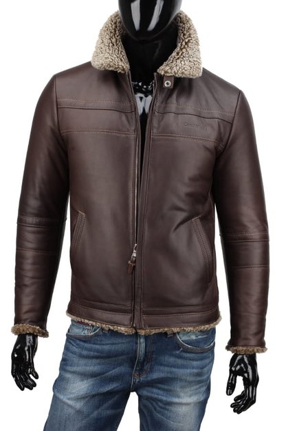 Brown men's pilot jacket with fur collar - TMK124